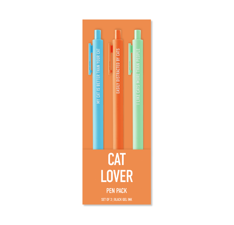 A cat lover pen pack containing three pens in light blue, orange, and mint green, displayed on an orange backing card with white text.