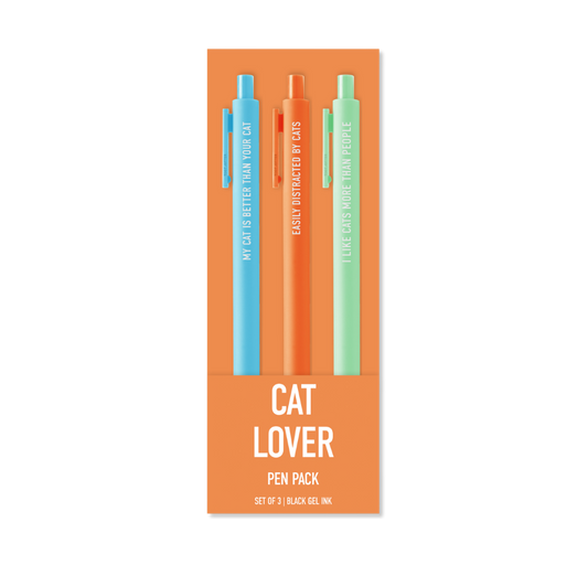 A cat lover pen pack containing three pens in light blue, orange, and mint green, displayed on an orange backing card with white text.