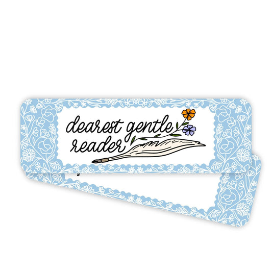 Decorative bookmark with 'dearest gentle reader' text and floral design on a white background