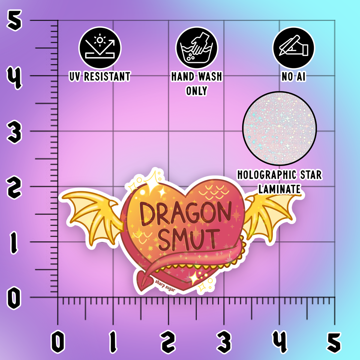 Sticker with 'Dragon Smut' design on a ruler with feature icons and text.