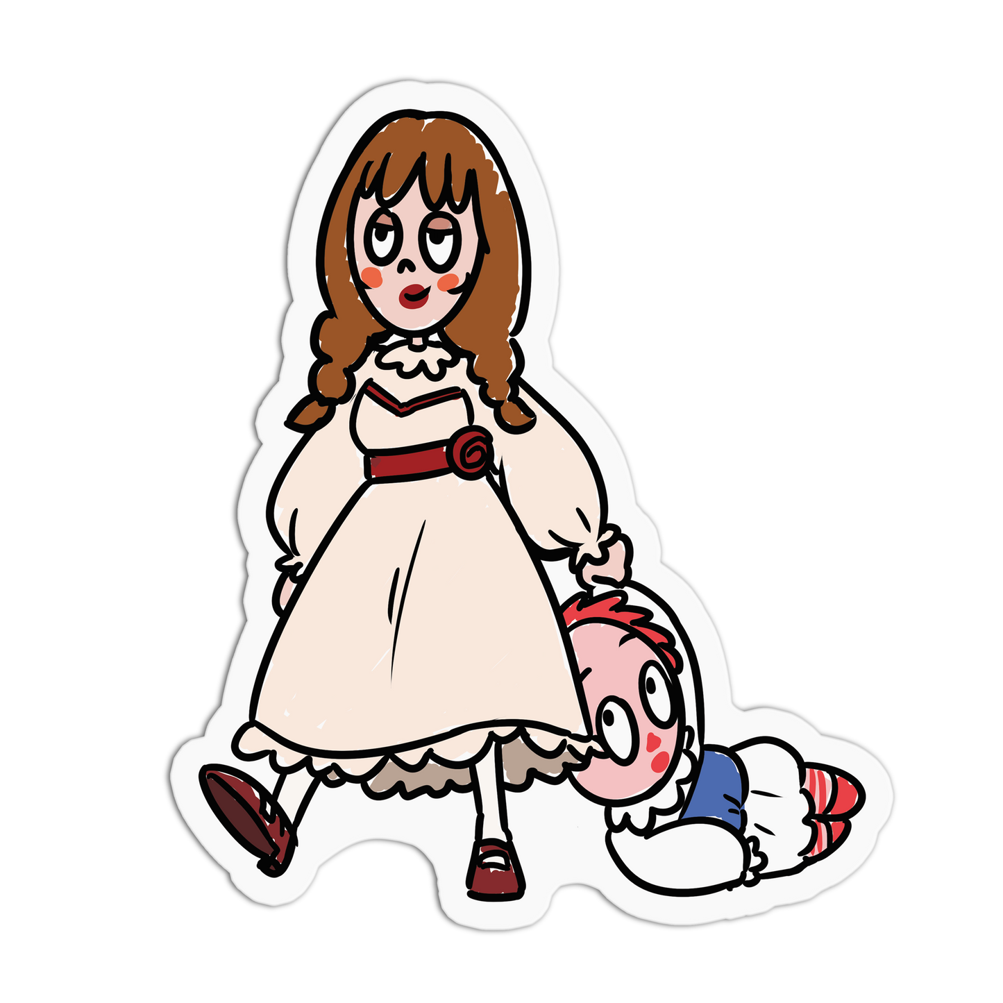 A die-cut cartoon sticker featuring a girl in a cream dress with a red sash and a small child peeking out from behind her, shown on a plain white background.