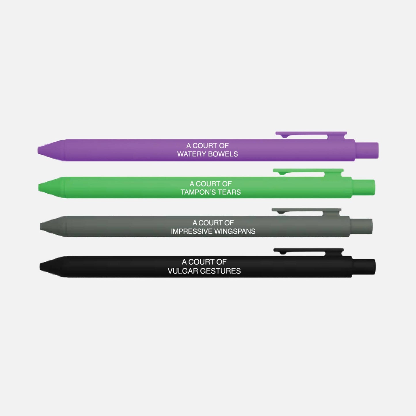 Four pens with text on a white background