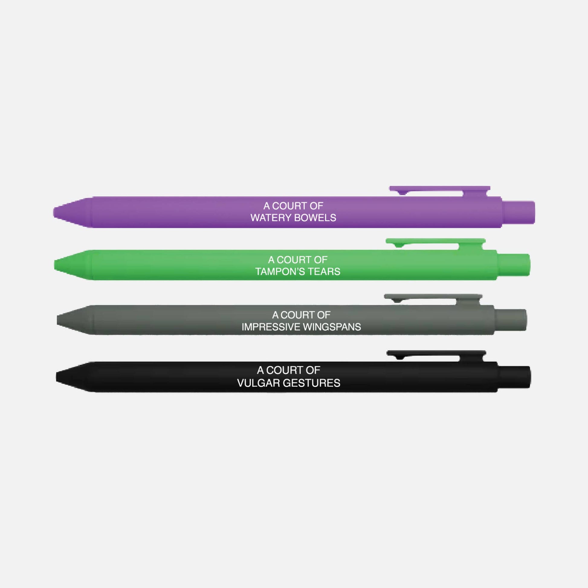Four pens with text on a white background