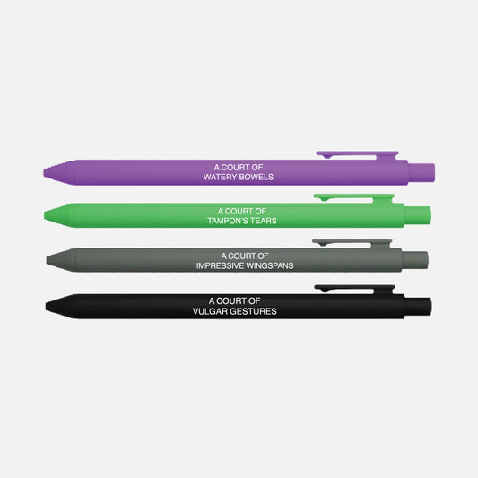 Four pens with text on a white background