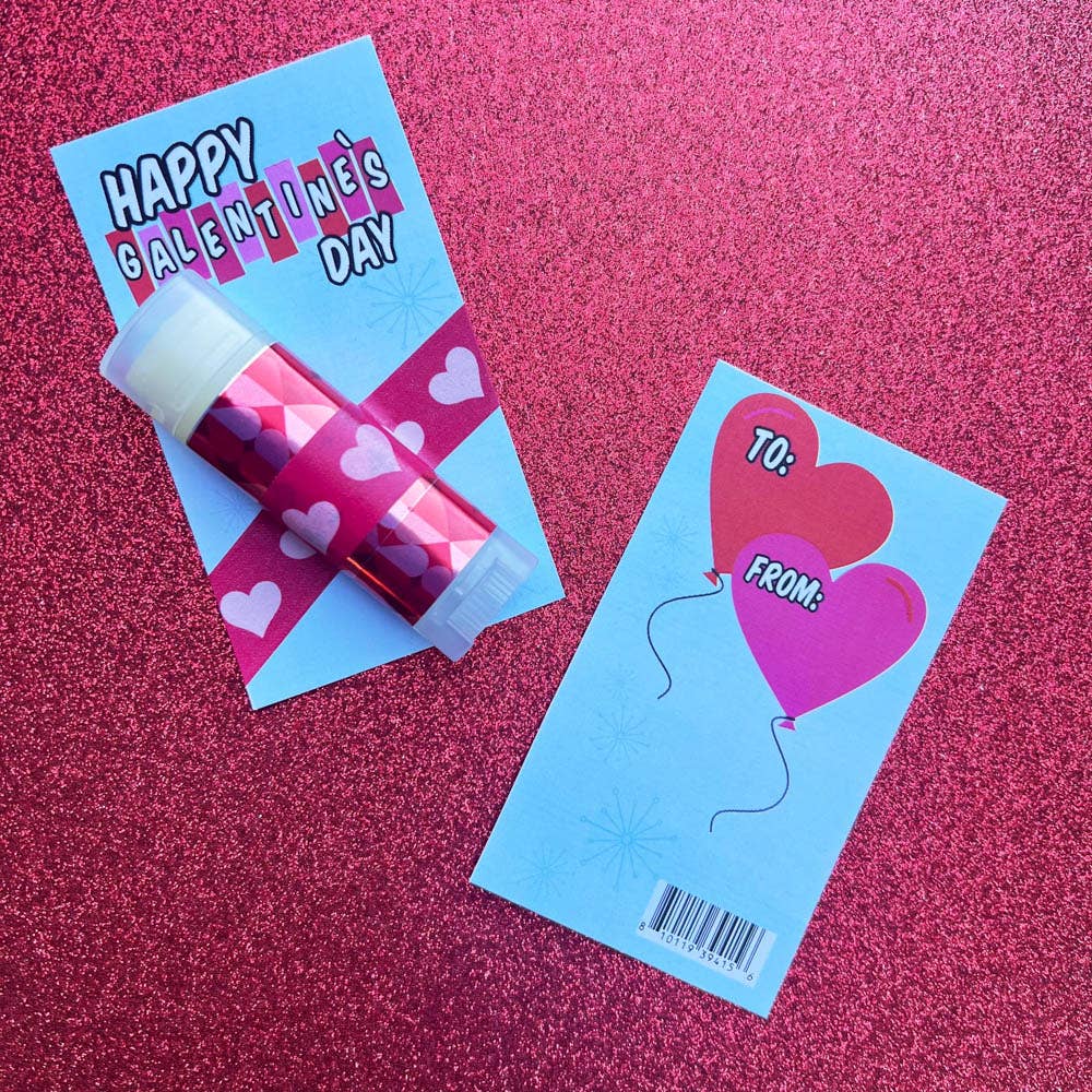 Valentine's Day card with lip balm on a pink textured background