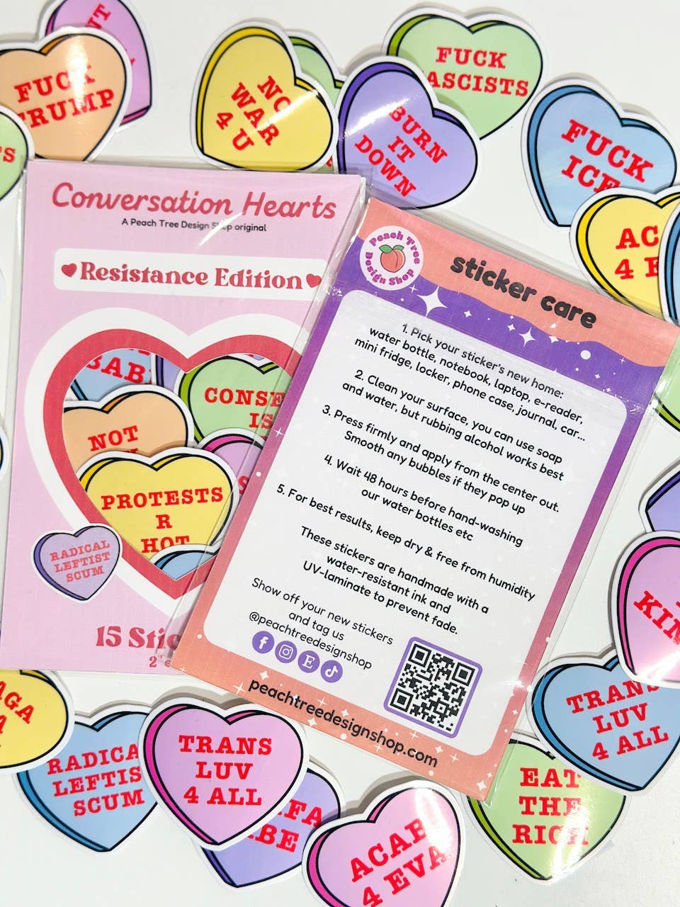 Colorful heart-shaped stickers with text and a 'Conversation Hearts' product card.