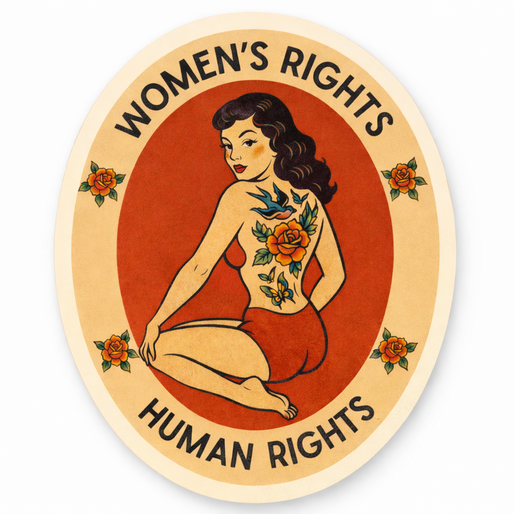 Sticker with a vintage-style illustration of a woman with tattoos and 'Women's Rights Human Rights' text on a red background.