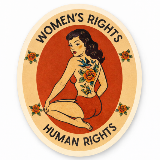 Sticker with a vintage-style illustration of a woman with tattoos and 'Women's Rights Human Rights' text on a red background.