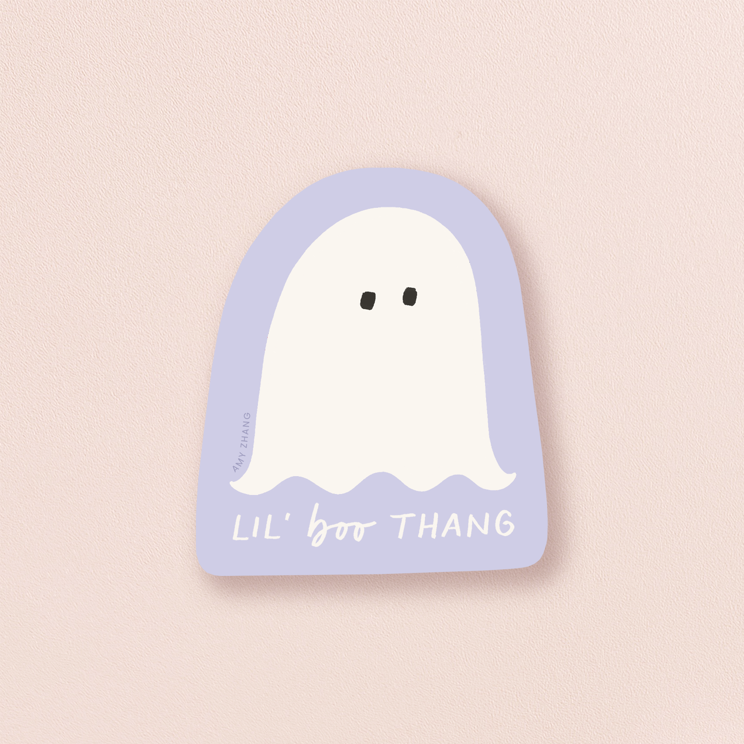 Ghost-shaped card with 'Lil' boo thang' text on a light pink background