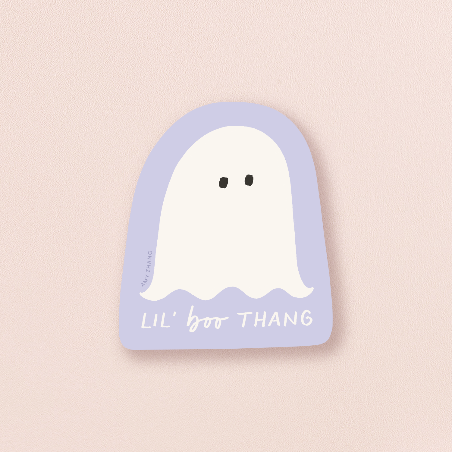Ghost-shaped card with 'Lil' boo thang' text on a light pink background