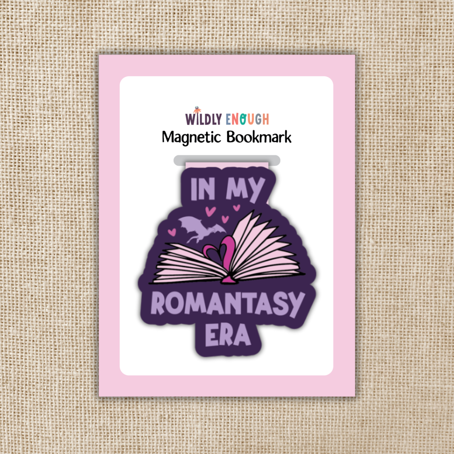 Magnetic bookmark with 'In my Romantasy Era' design on a beige textured background