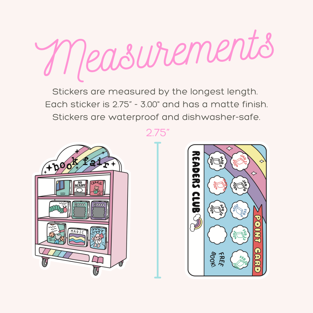 Measurement chart for stickers with a bookshelf and card illustration on a white background.