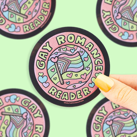 Sticker with 'Gay Romance Reader' text and rainbow design on a green background