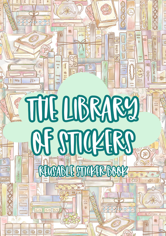 Reusable sticker book cover with pastel color design and text 'The Library of Stickers'.