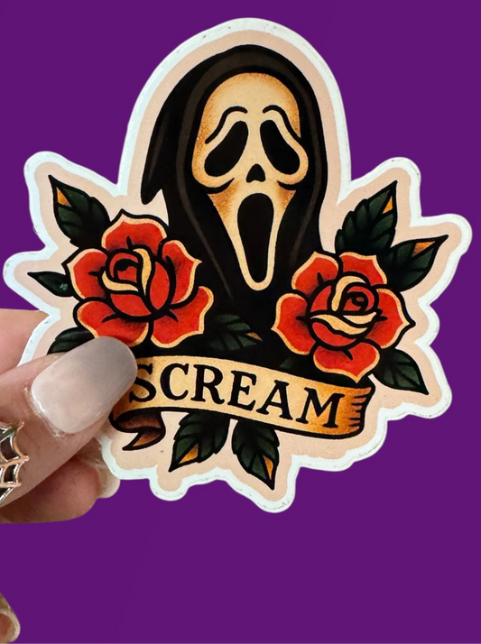 Sticker with 'Scream' logo featuring a ghost face and roses on a purple background.