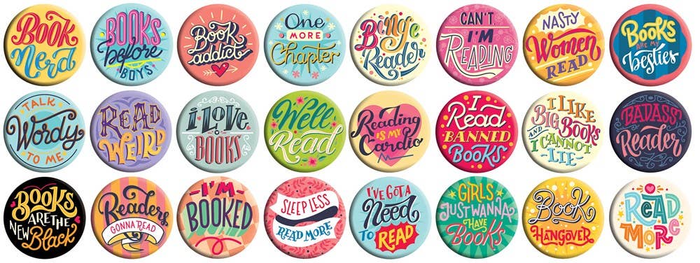 Collection of colorful buttons with various book-themed sayings
