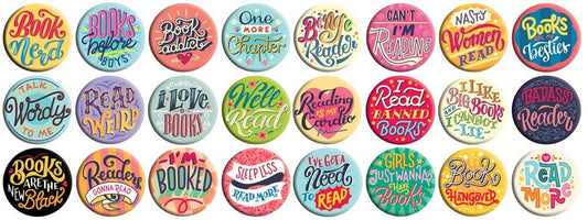 Collection of colorful buttons with various book-themed sayings