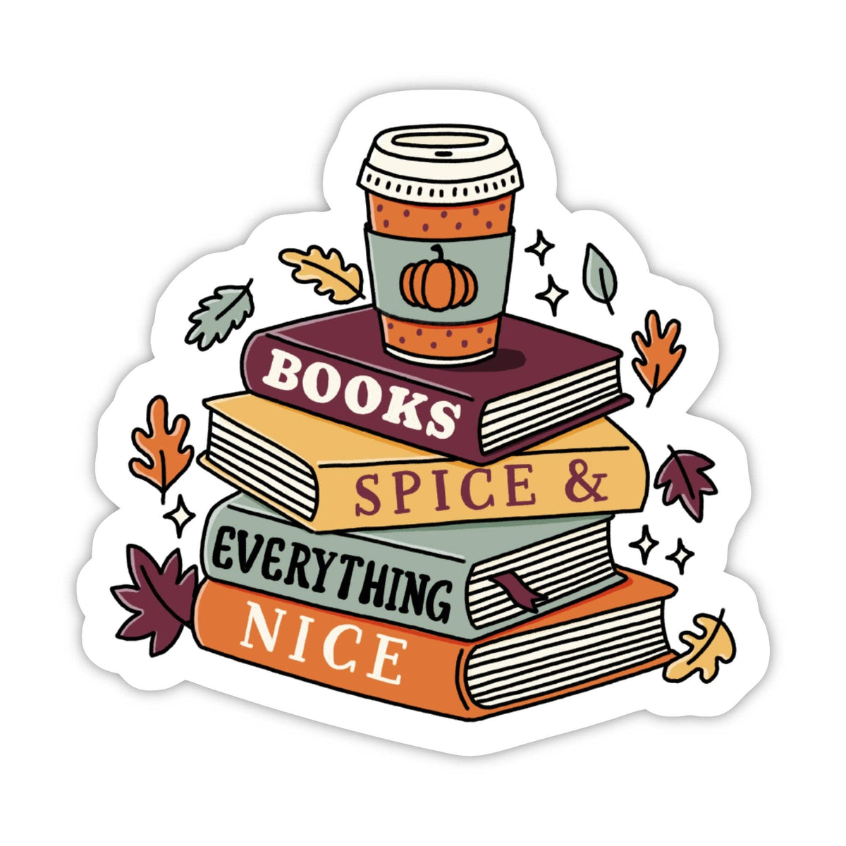 A die-cut sticker featuring a stack of four books with autumn-themed illustrations, including a coffee cup, leaves, and stars. The books are labeled 'BOOKS', 'SPICE &', 'EVERYTHING', and 'NICE'.