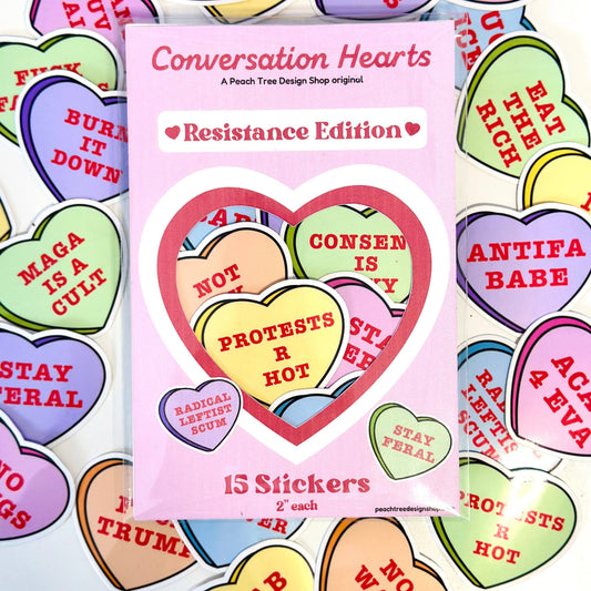 Pack of 'Conversation Hearts' stickers with political messages on a white background.