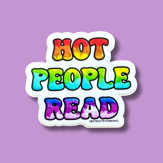 A die-cut sticker with the phrase 'HOT PEOPLE READ' in rainbow tie-dye bubble letters on a light purple background. Small text at the bottom reads 'ABSTRACTBYABRAMS'.