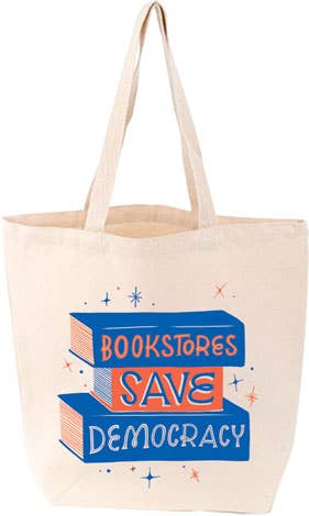 Beige tote bag with 'Bookstores Save Democracy' text on a white background