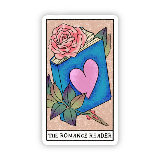 Sticker with a book, rose, and heart design labeled 'The Romance Reader' on a beige background.