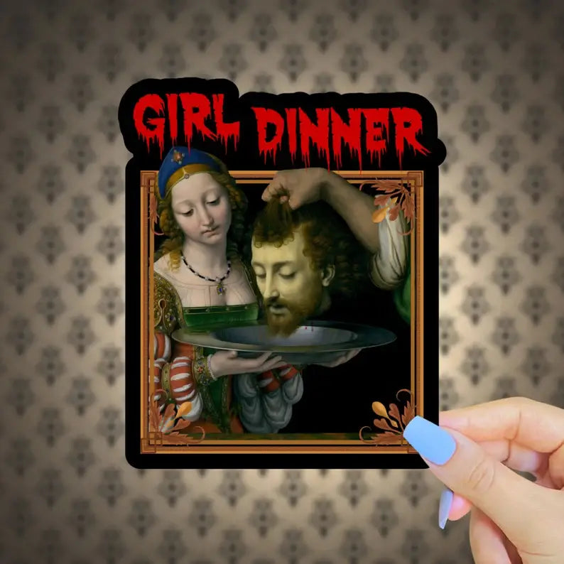 Vintage-style painting with 'Girl Dinner' text overlay on a patterned background