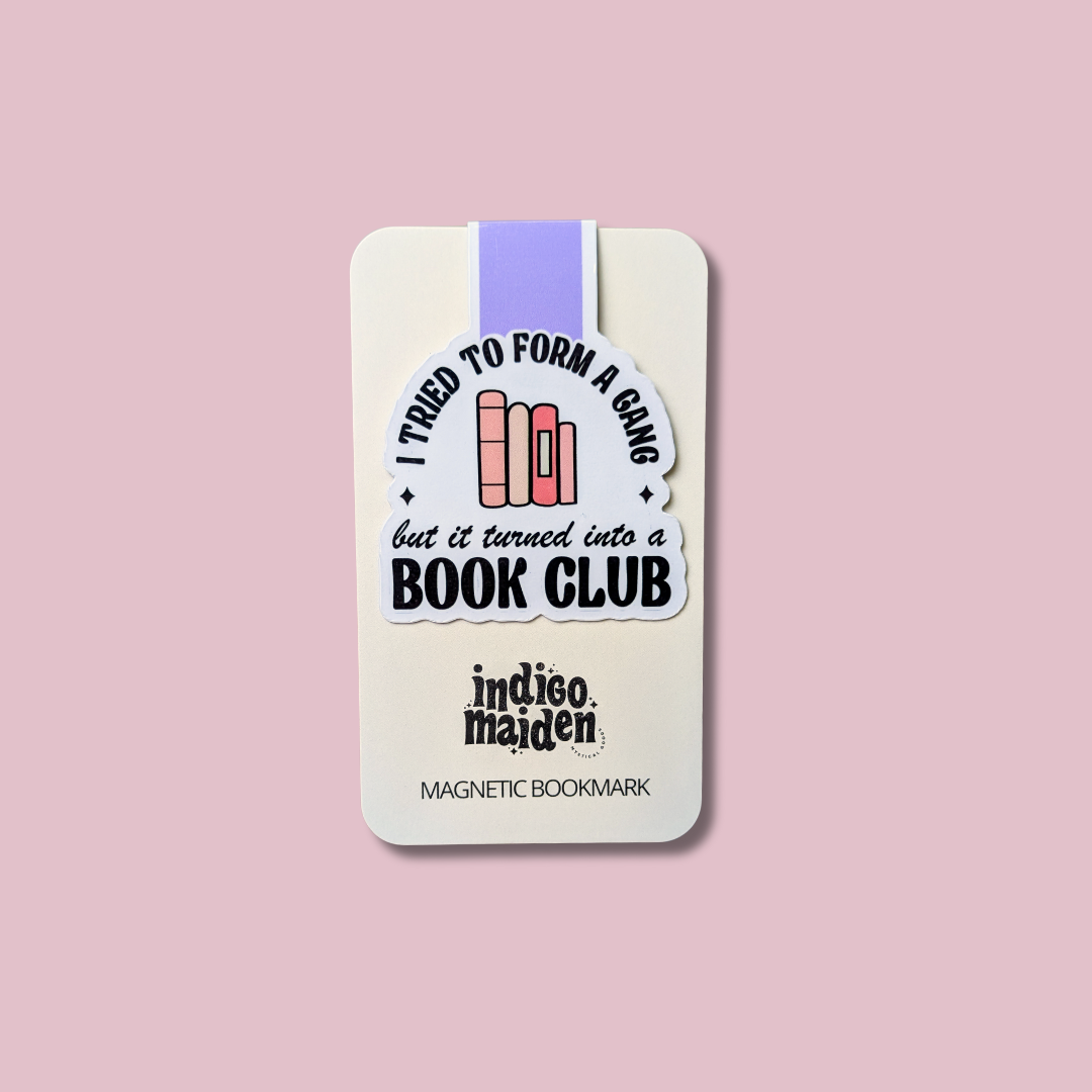 Magnetic bookmark with a humorous design on a pink background
