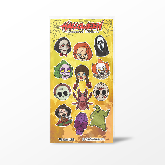 A vertical sticker sheet featuring cartoon-style horror character faces and masks on a yellow-orange gradient background with a spiderweb and the text 'HALLOWEEN underwater characters' at the top.