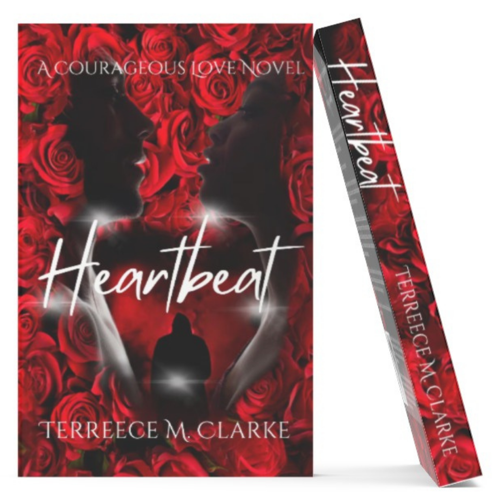 Book cover and box of 'Heartbeat' by Terreece M. Clarke with red roses and silhouette design.