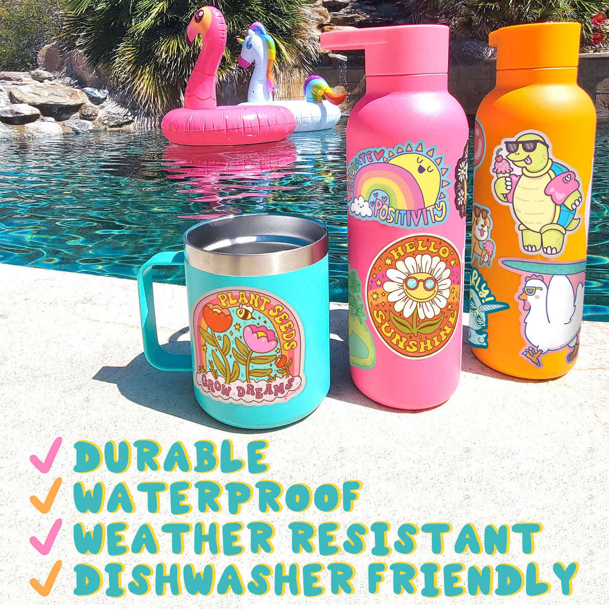 Colorful insulated mug and water bottles by a pool with text highlighting features.
