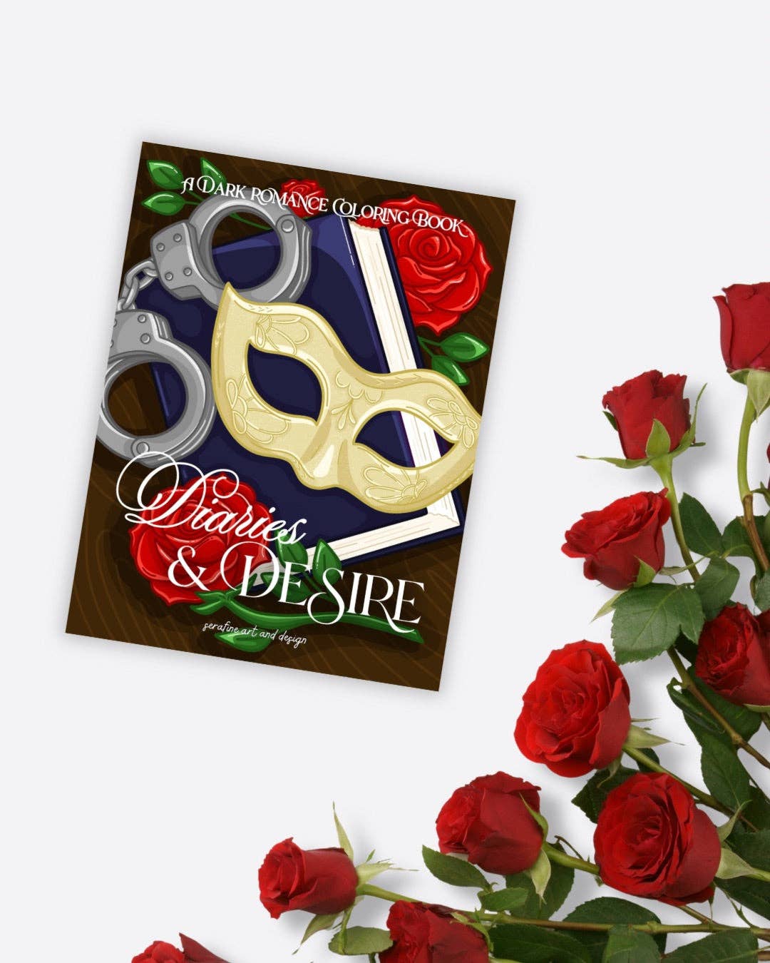 Coloring book titled 'Dark Romance' with handcuffs and mask design, surrounded by red roses on a white background.