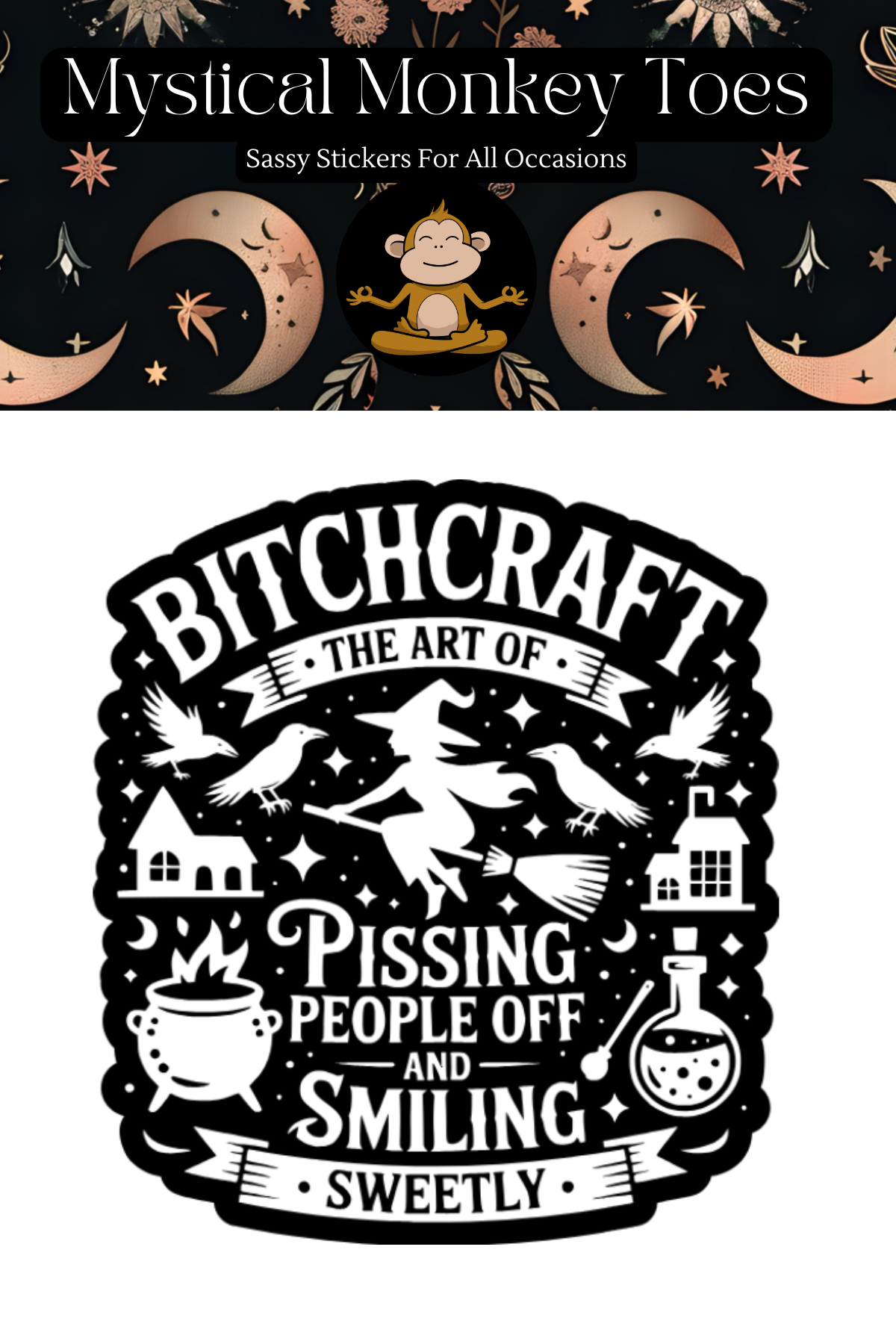 Product packaging for 'Mystical Monkey Toes' stickers with a humorous design.