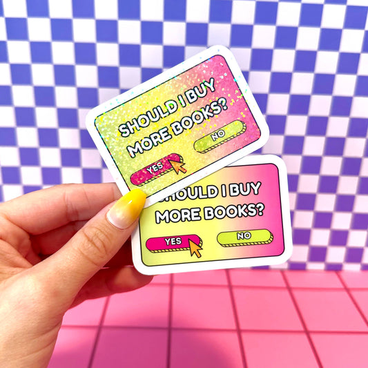 Two colorful cards with text 'Should I buy more books?' held against a checkered background.
