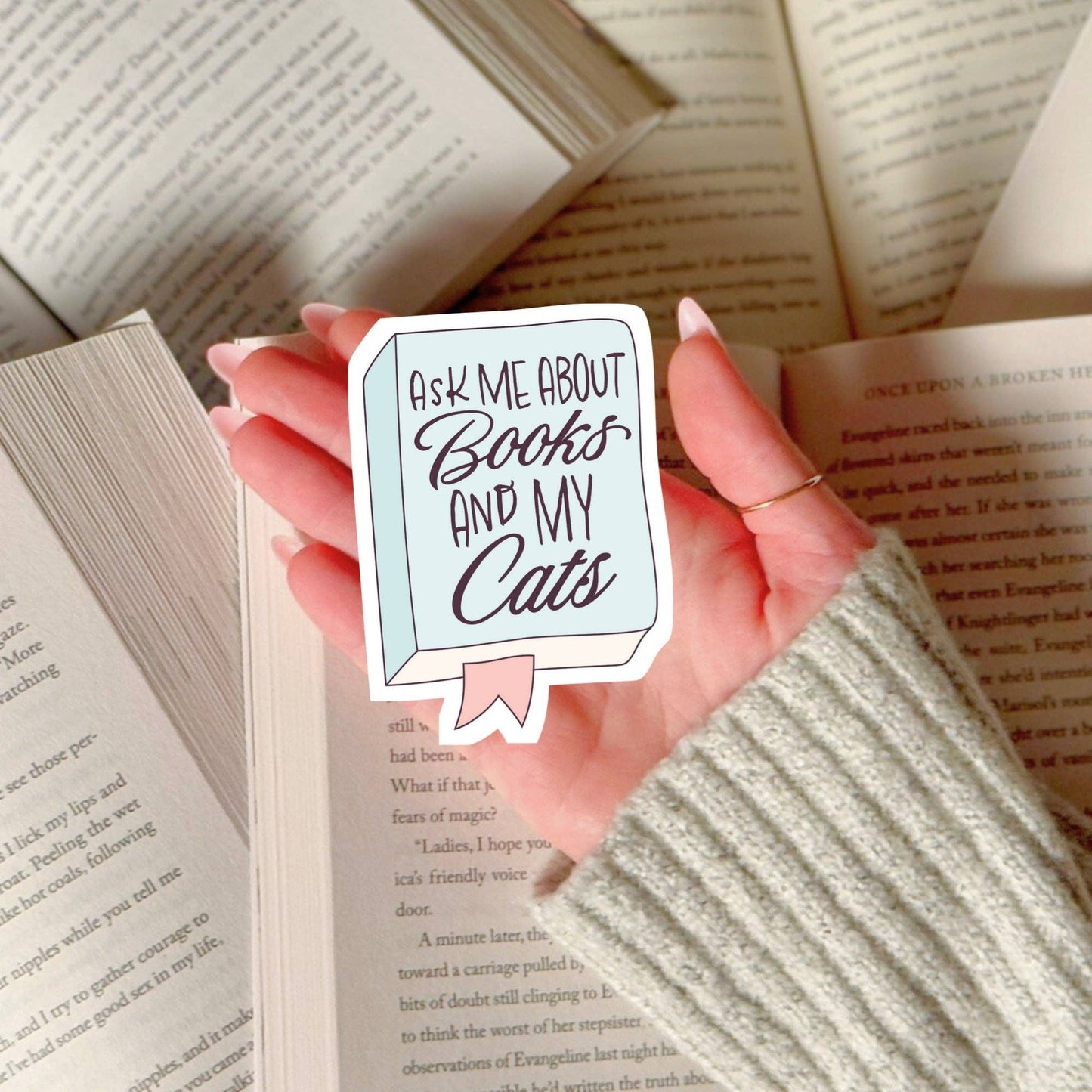 Ask Me About Books and My Cats Sticker | Book Lover Cat Sticker